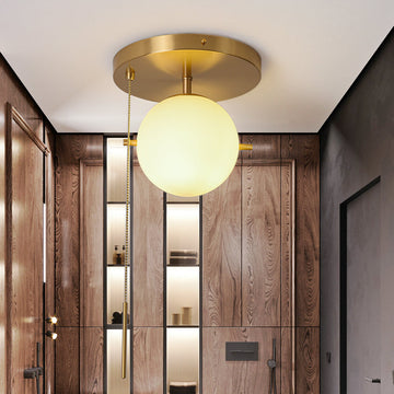 Gidu Mid-Century Pull Chain Ceiling Light Globe Glass Shade Semi Flush Mount Metal in Gold
